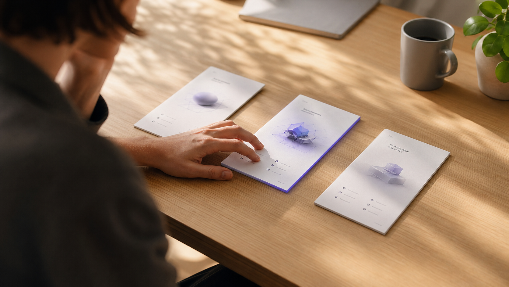 Creator at a desk examining one of several platform brochure cards laid out before them, illustrating the detailed evaluation of each membership site software option.