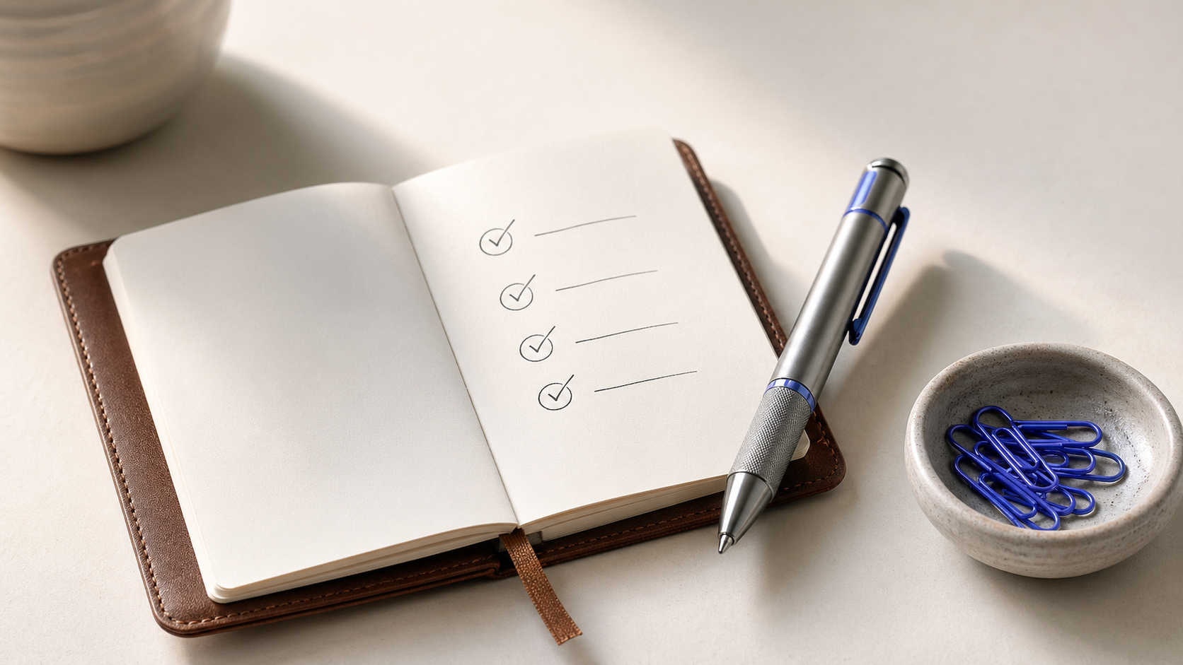 A leather notebook open to a page with handwritten checkmarks beside a pen and paperclip vessel, illustrating the criteria checklist when evaluating membership site software.