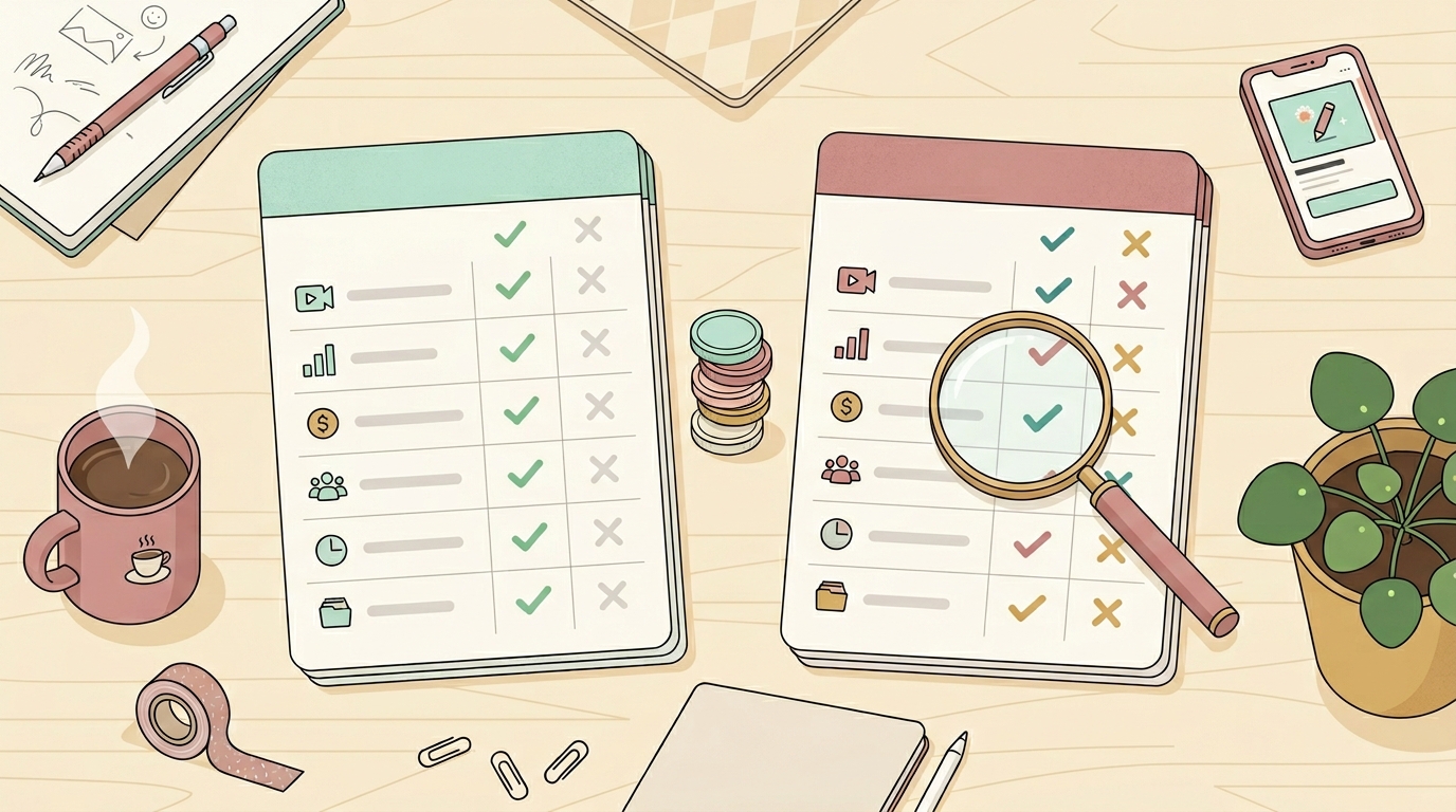 Overhead flat-lay of two platform comparison cards with coins and magnifying glass illustrating course platform choice
