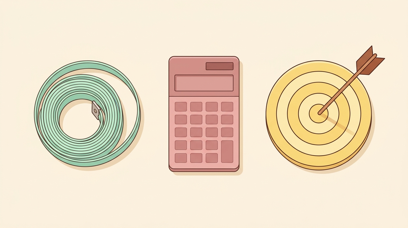 Measuring tape, calculator, and target representing value-based, cost-based, and income-goal pricing methods