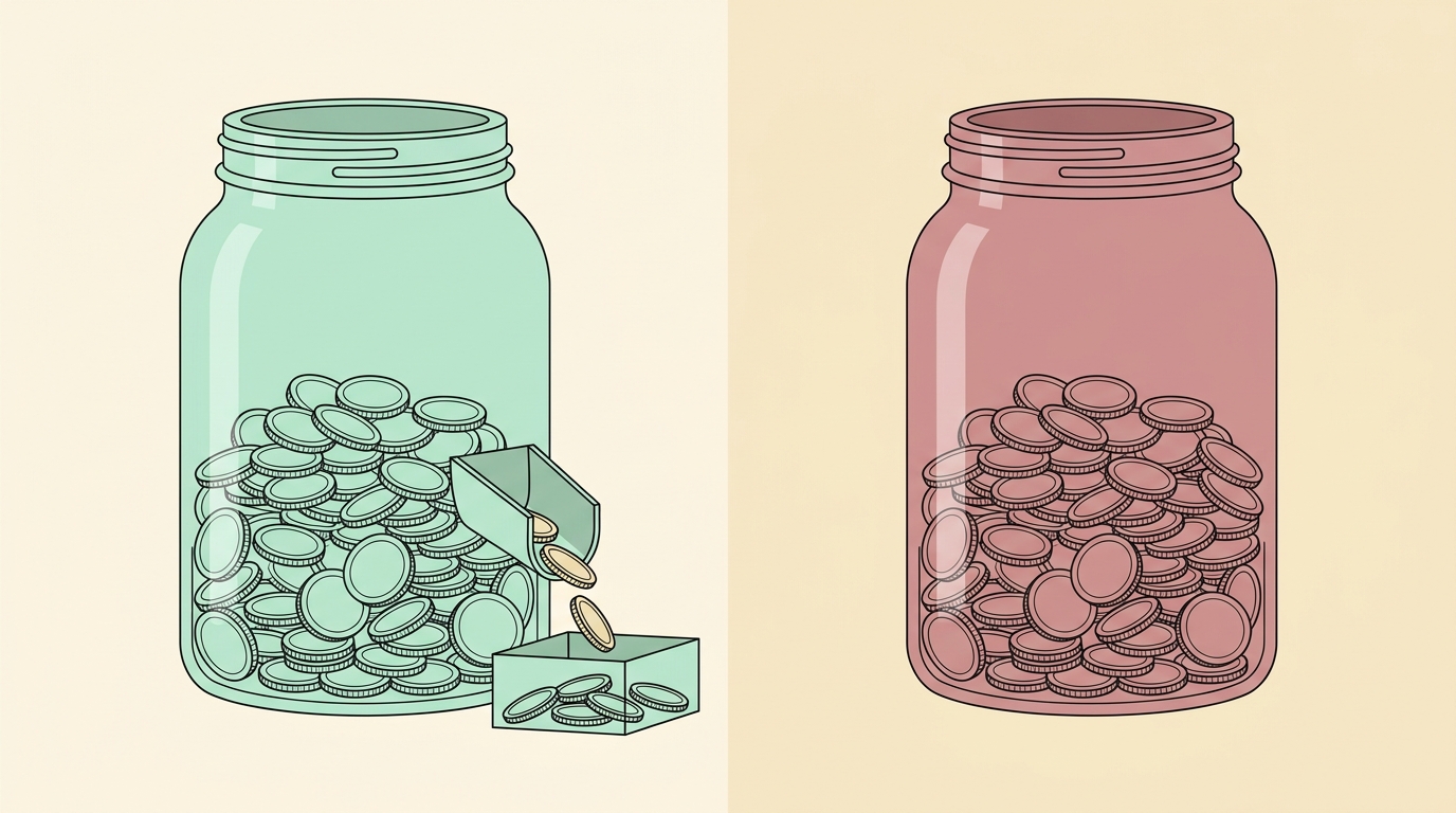 Two jars of coins comparing a platform that drains transaction fees versus one that keeps all revenue