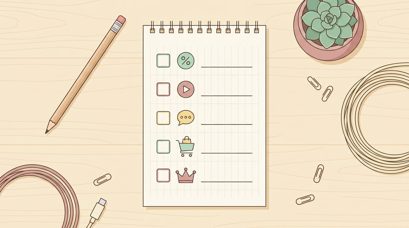 A creator checklist with icons for transaction fees, courses, community, checkout, and branding