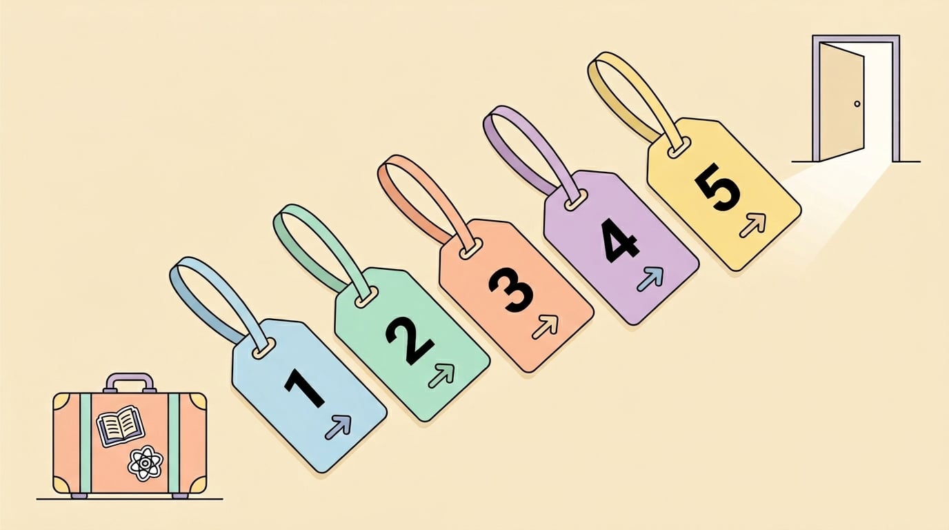 Five numbered migration tags, a suitcase, and an open door illustrating platform migration from Kajabi