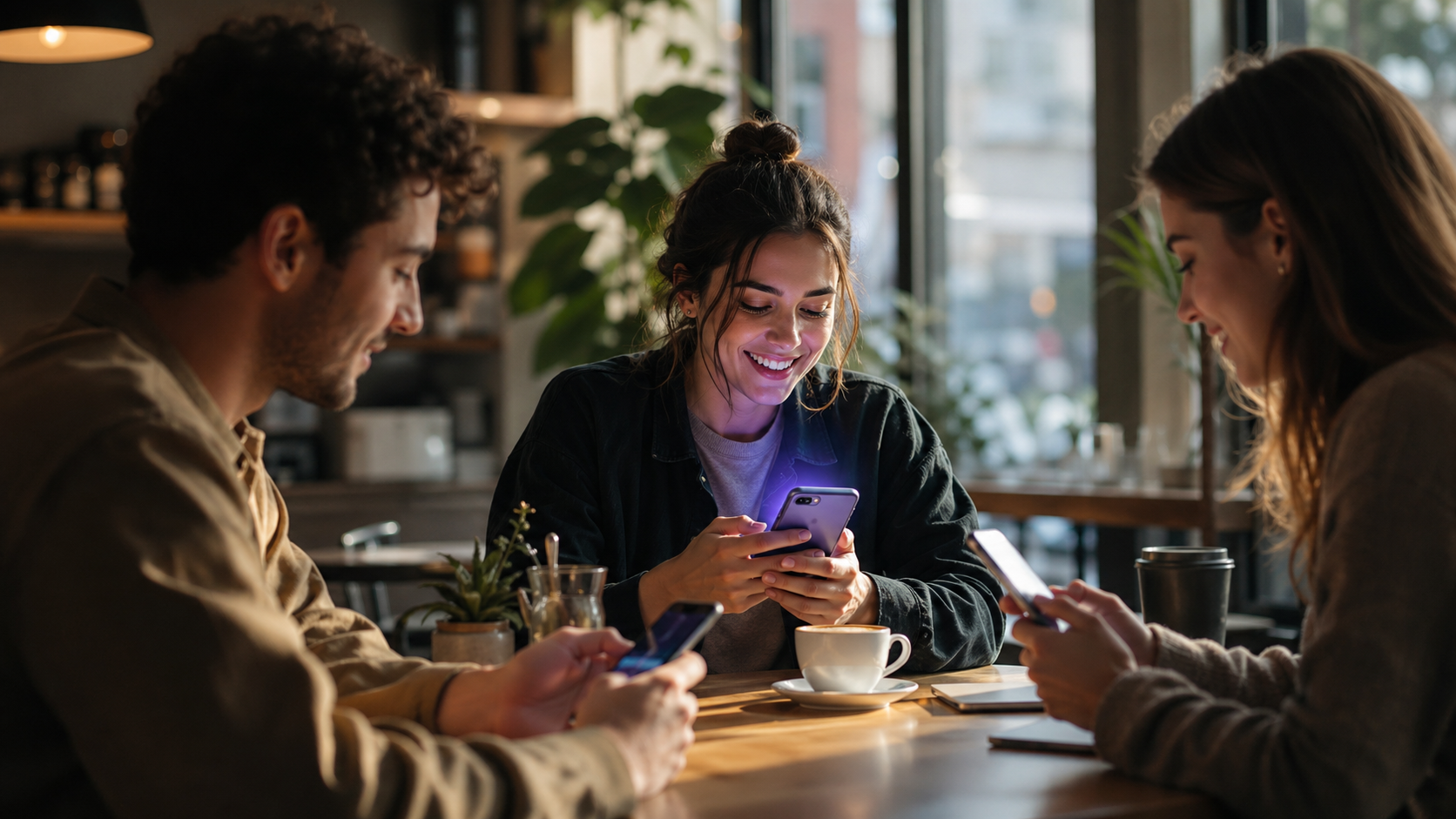 Three creators around a cafe table casually checking their phones with engaged expressions, illustrating Mighty Networks' connected community experience.