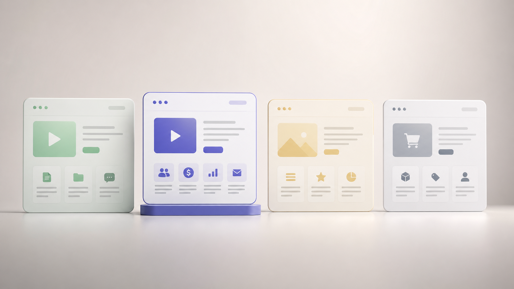 Four minimal platform interface tiles arranged in a row with one highlighted in indigo, illustrating the alternatives Mighty Networks creators consider.