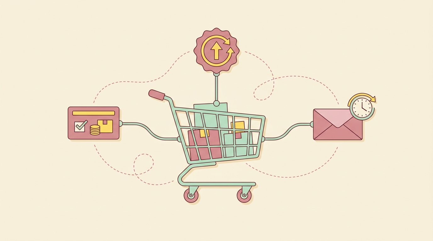 A pastel checkout cart surrounded by order bump, upsell, and abandoned cart icons showing checkout optimization moves