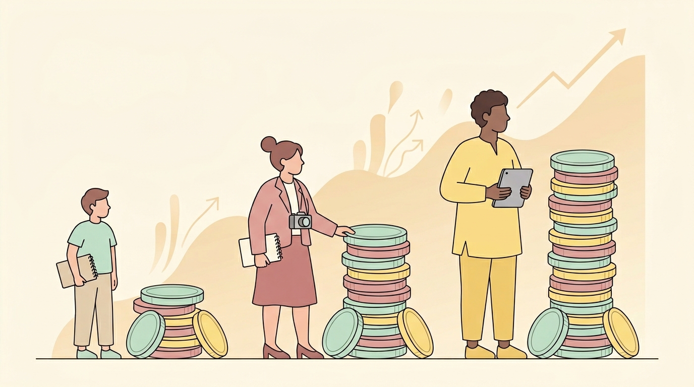 Three creator figures with ascending coin stacks representing revenue milestones of $1K, $10K, and $50K per month