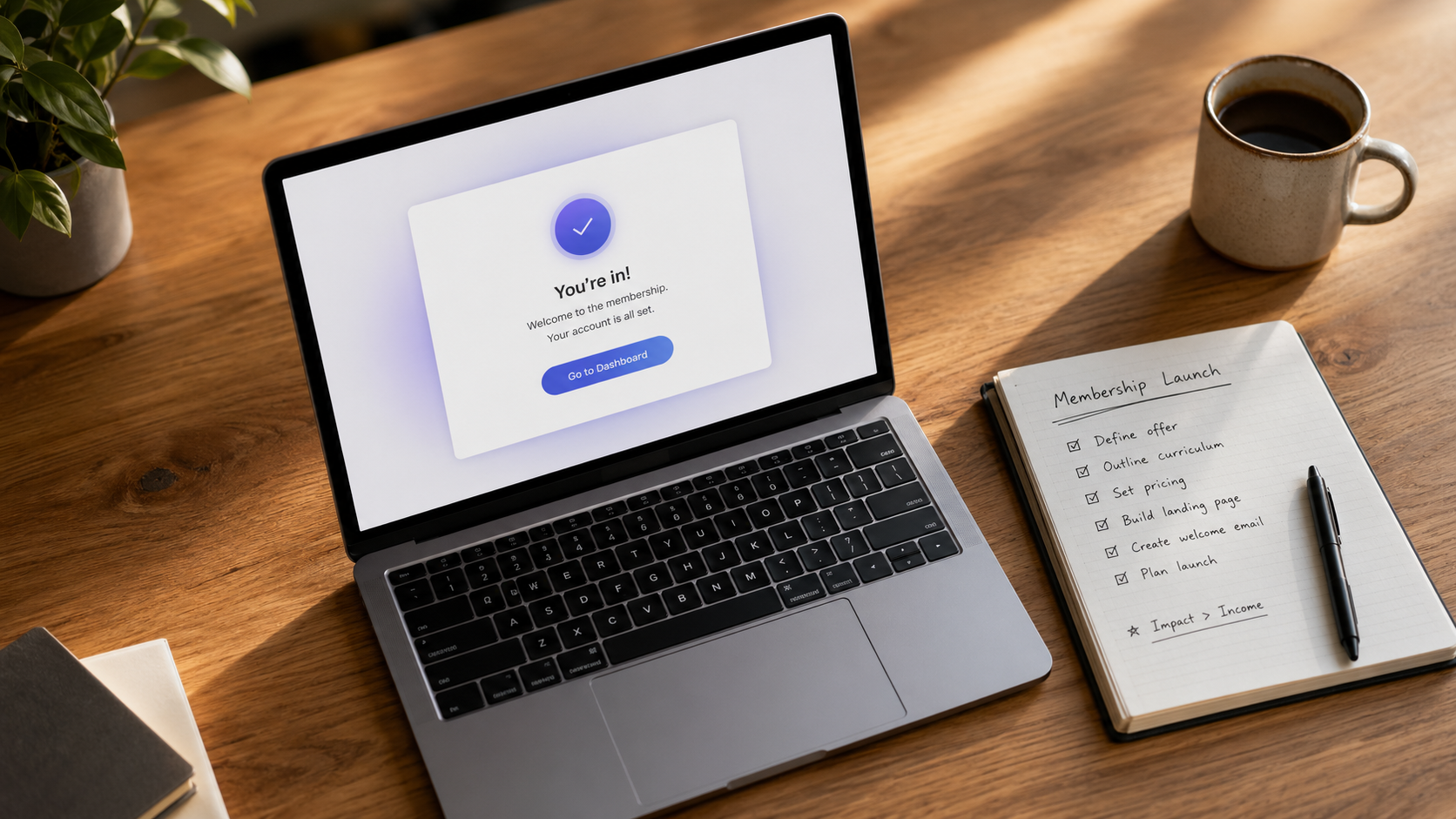 Overhead view of a laptop showing a successful membership signup confirmation alongside a notebook with handwritten launch notes, illustrating an early-stage Squarespace Member Areas launch.