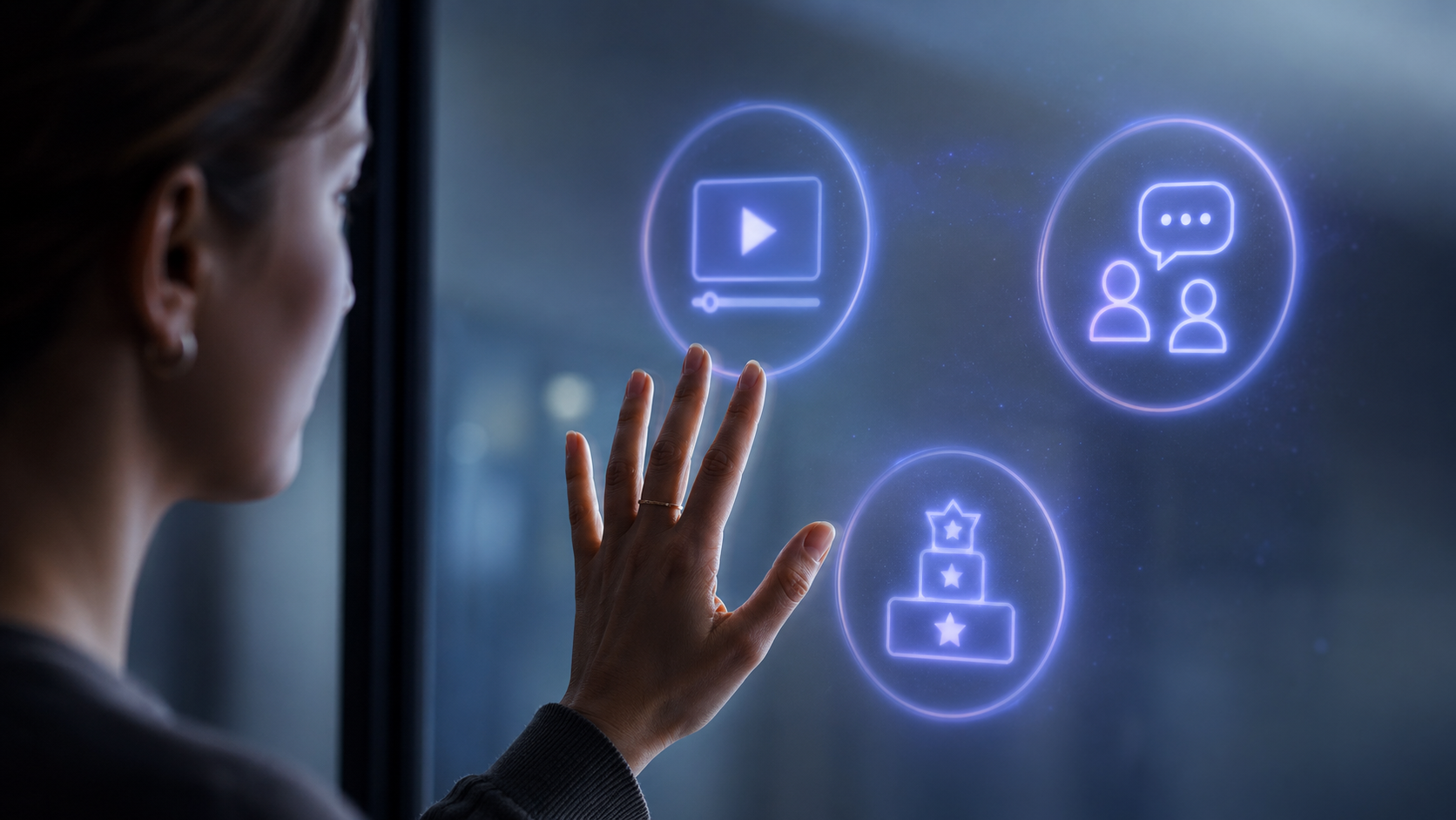 Conceptual close-up of a hand pressing against a glass barrier with course, community, and tiered membership icons unreachable behind it, illustrating the feature limits creators hit on Squarespace Member Areas.