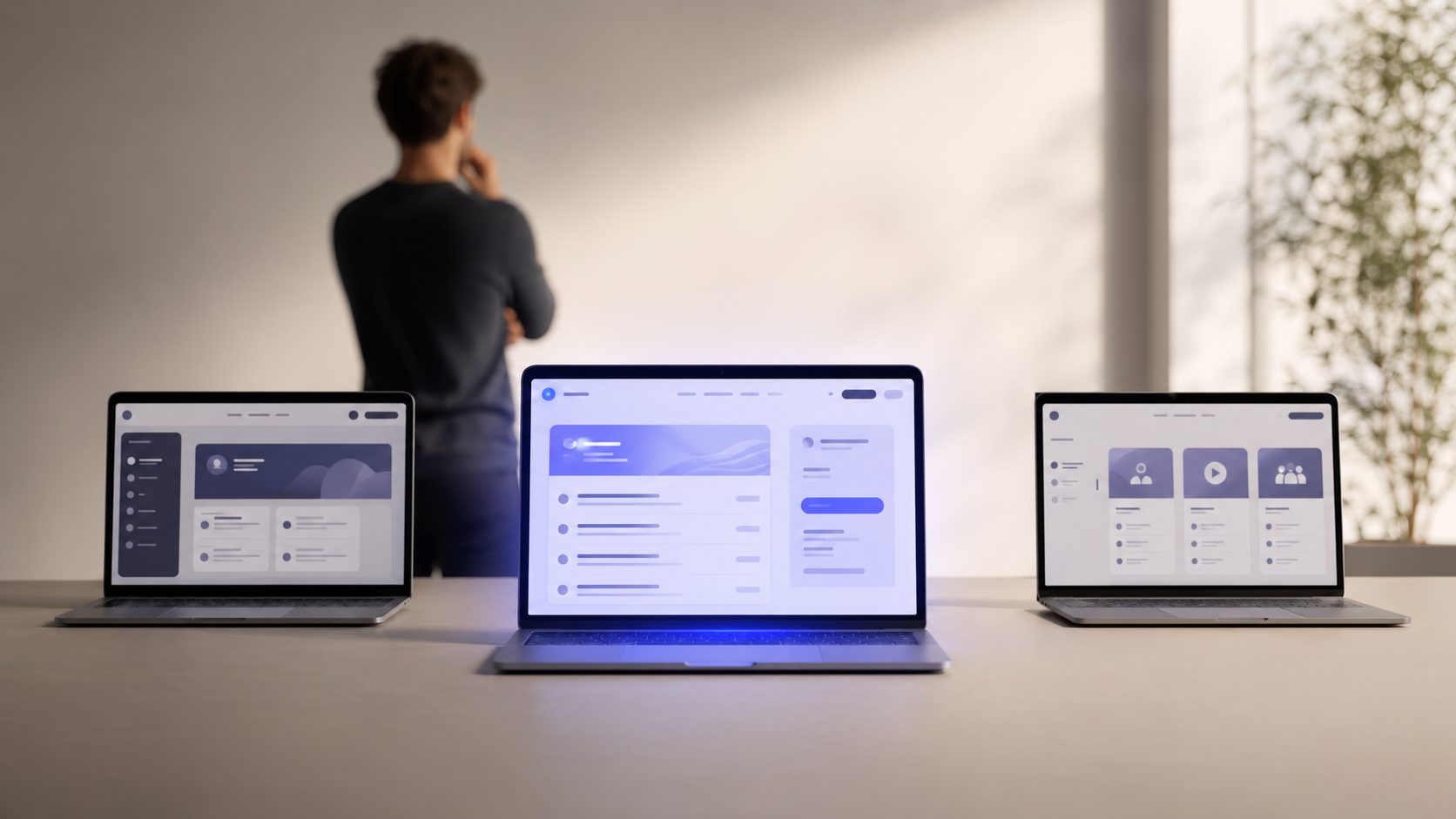 Three laptops displaying different membership platform interfaces with a creator in the background contemplating the choice, illustrating the alternatives Squarespace creators consider when moving to a dedicated platform.