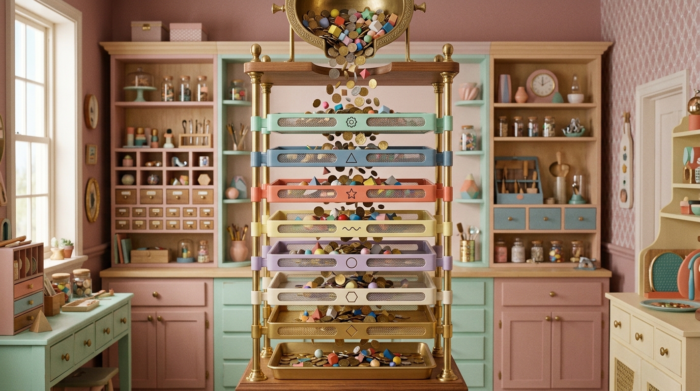 A transparent jar with a percent chute draining coins representing Teachable transaction fee surcharges