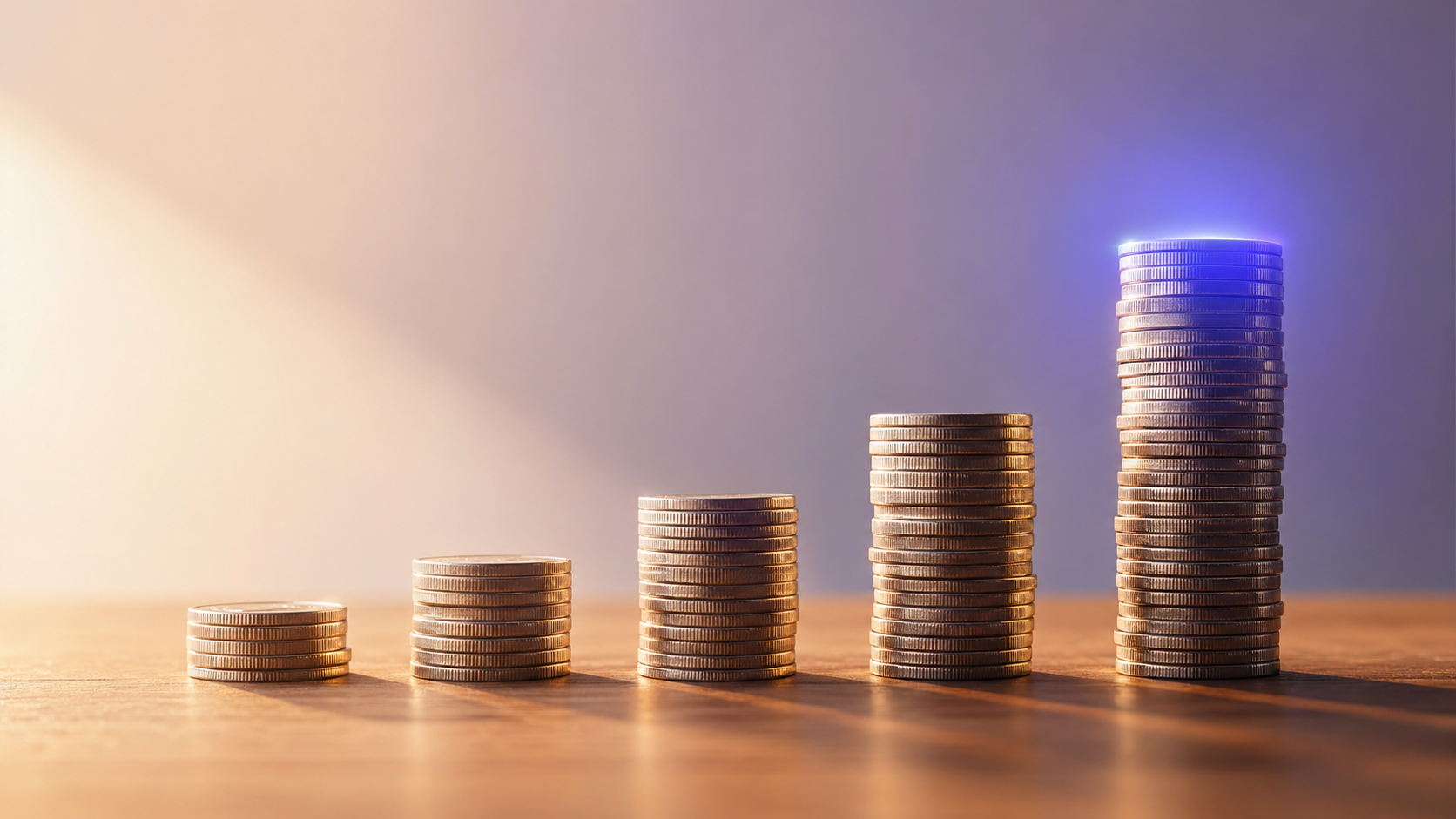 Stacks of polished coins growing taller across a wooden surface, illustrating how transaction fees compound across more members and more revenue.