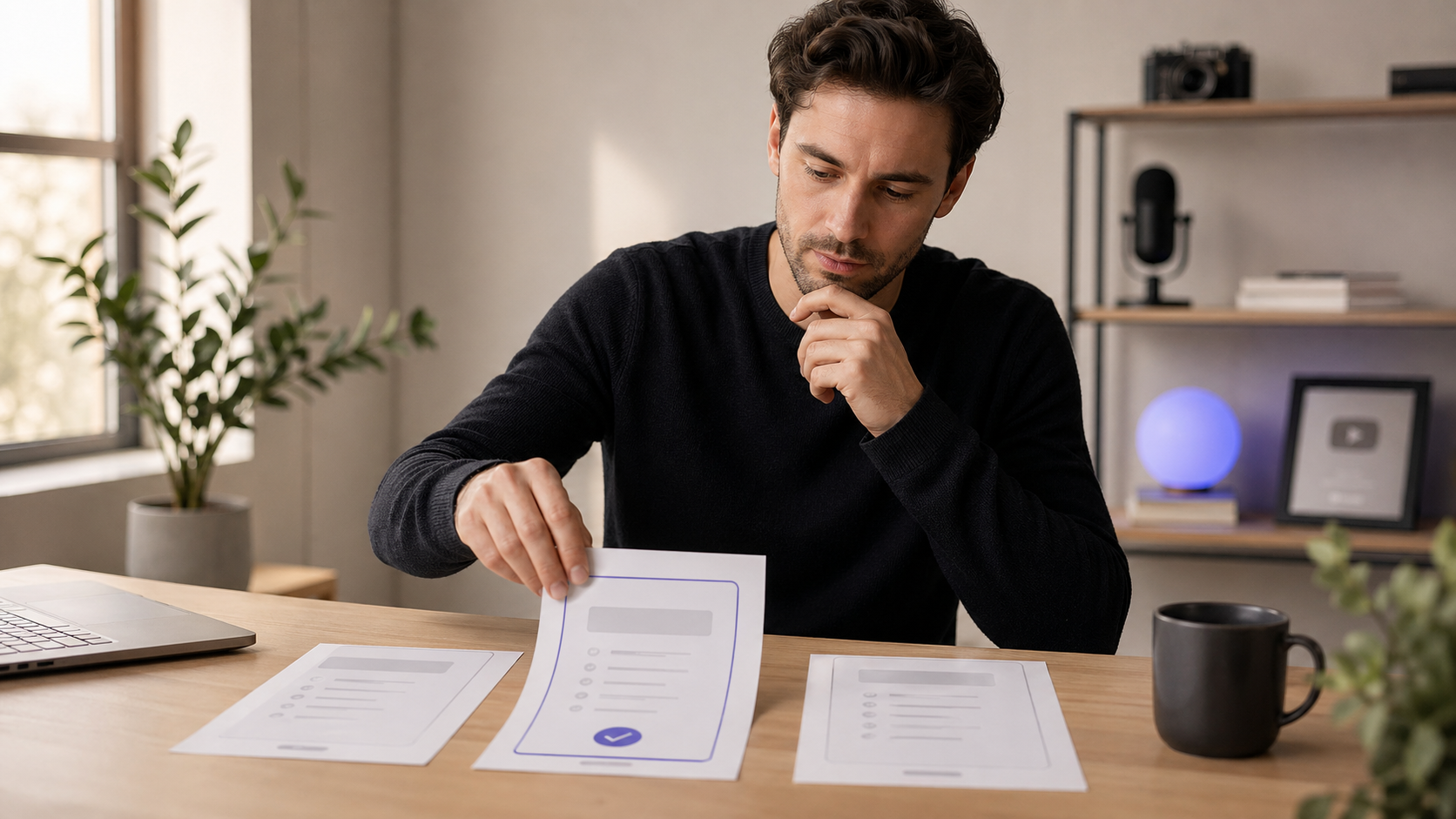 Creator at a desk reviewing several paper plan options, illustrating the decision-making process for picking a platform with low or zero transaction fees.