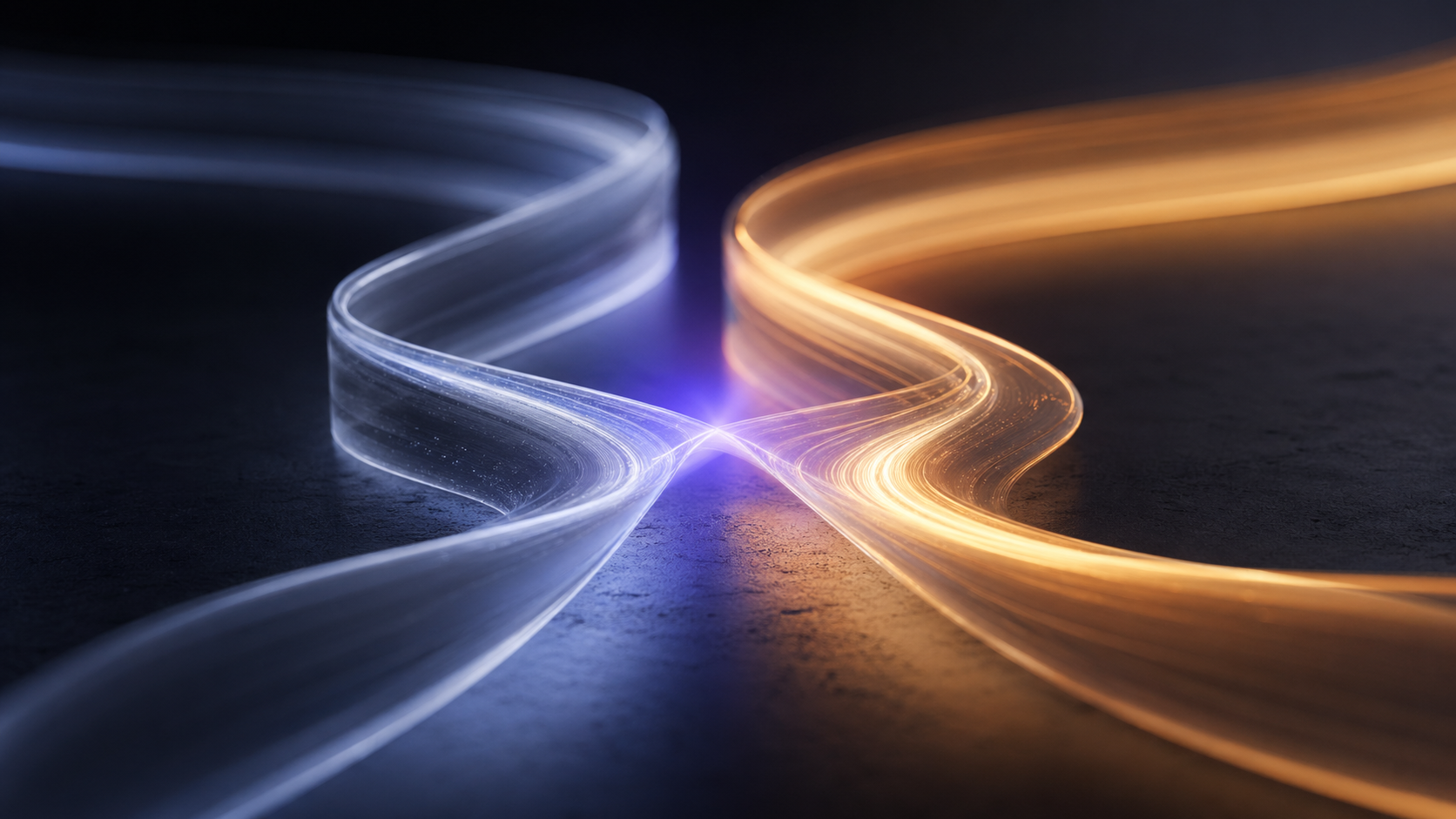 Two flowing ribbons of light crossing a studio surface side by side, illustrating that transaction fees and payment processing fees are two separate streams.