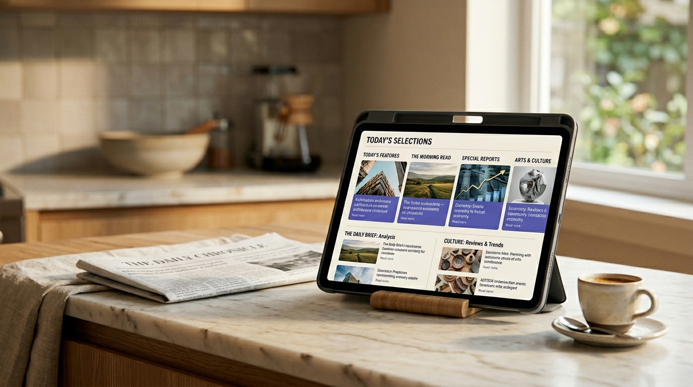 Tablet showing a media subscription content app on a kitchen counter, illustrating media membership site examples