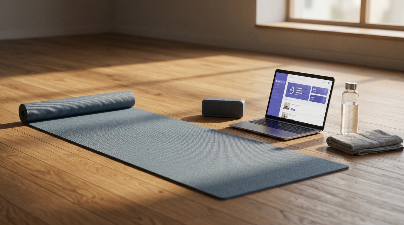 Yoga mat with laptop showing fitness class interface, representing fitness membership site examples