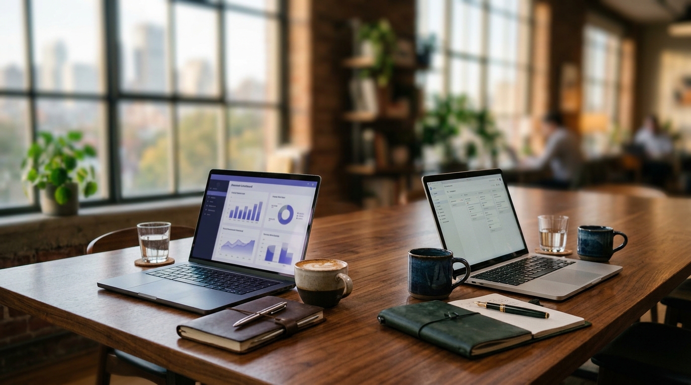 Two laptops at a co-working table with notebooks and coffee, representing professional B2B membership site examples