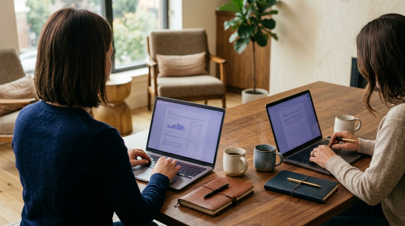 Two laptops at a coaching desk with notebooks and coffee, representing professional coaching membership site ideas
