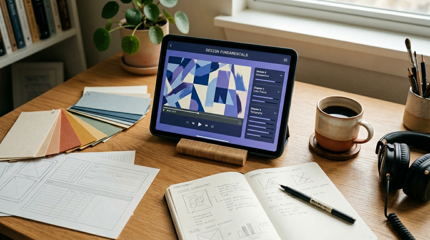 Creator desk with a tablet showing a video lesson interface and templates fanned out, representing educator membership site ideas