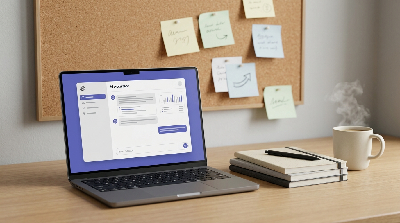 Modern desk with a laptop showing an AI assistant interface and sticky notes on a corkboard, representing AI native membership site ideas