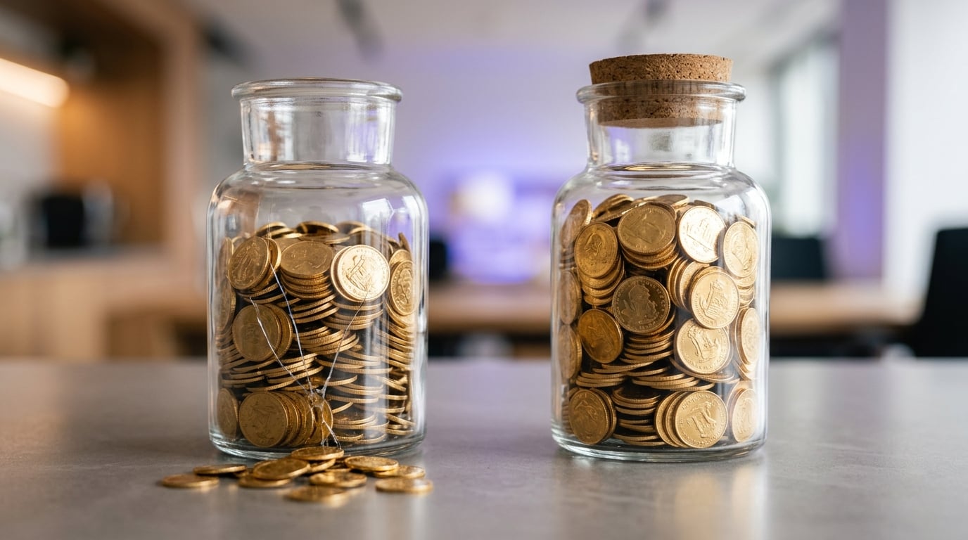 Two coin jars, one leaking, showing how transaction fees drain revenue versus 0% fees