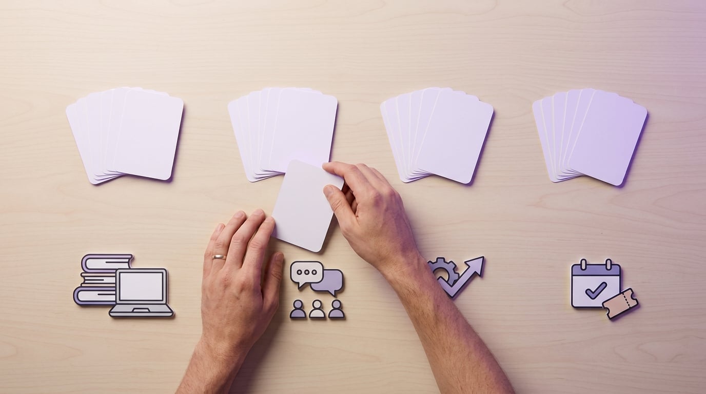 Hands sorting cards into four groups, matching a ThriveCart alternative to a business type